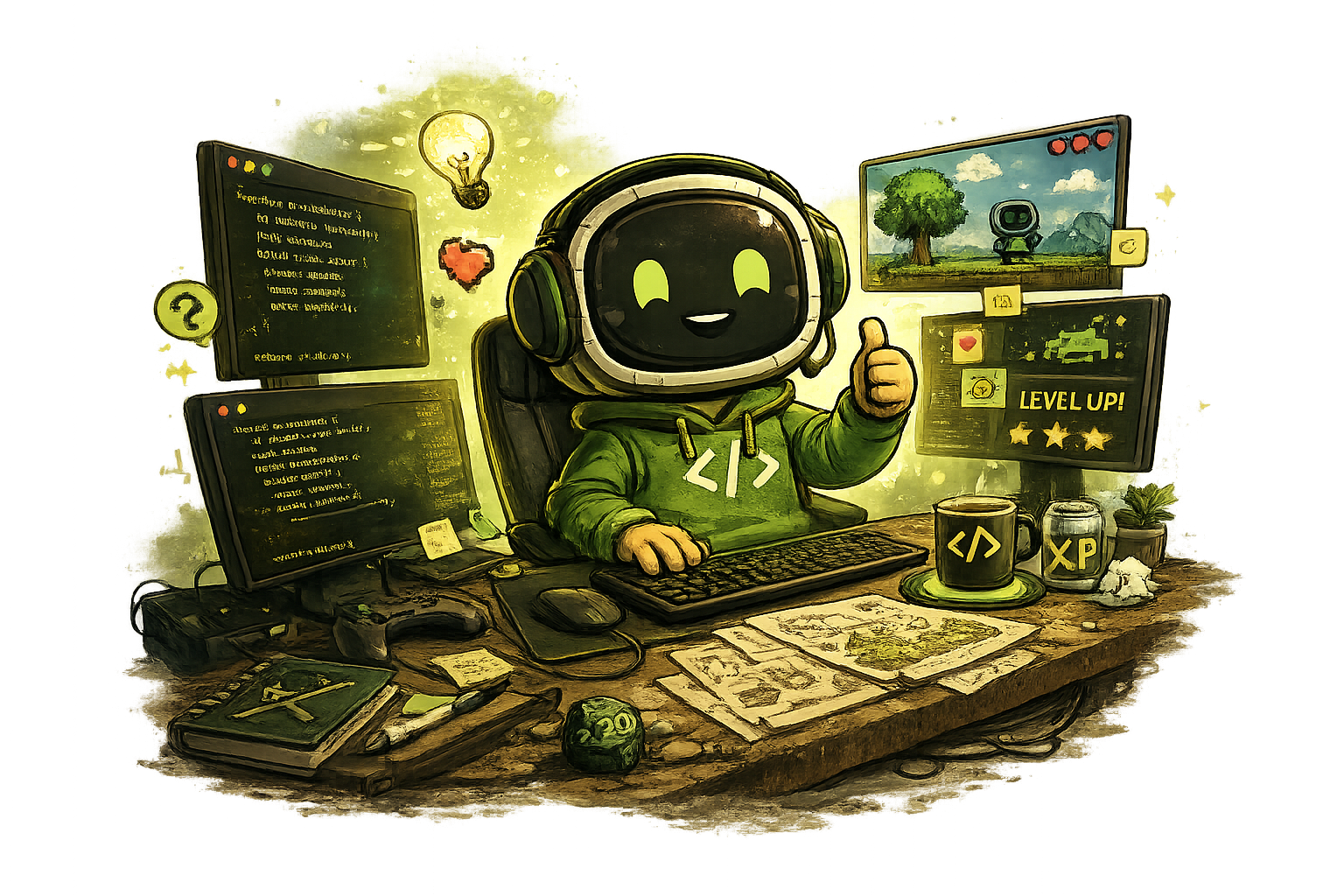 IDKWID mascot working at a desk with code, game screens and a coffee mug